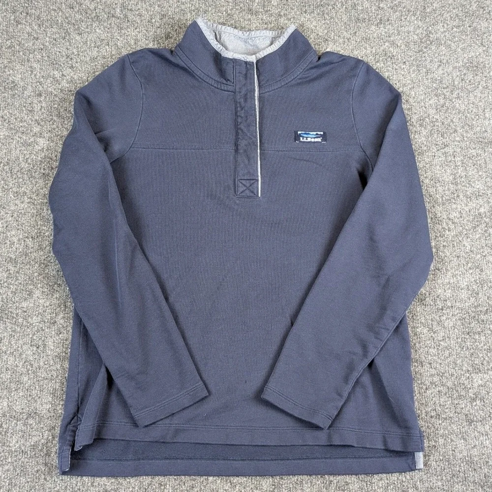 LL Bean Mens‎ M Navy Blue 100% Cotton Quarter Button Mock Neck Pullover 501541